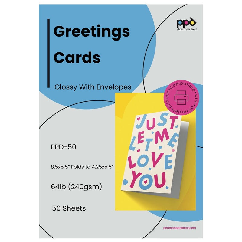 PPD Greeting Card Paper, Printable Greeting Cards With Envelopes for Inkjet Printer, 5.5x8.5 Blank Half Fold to 4.25 x 5.5 Custom Cards for Birthday, Wedding, Invitations, Thank You Note (50 Sheets) - Image 1